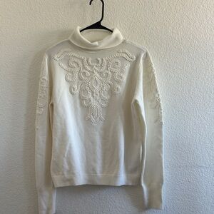 Tahari Cream Turtleneck Sweater with Embroidered Design